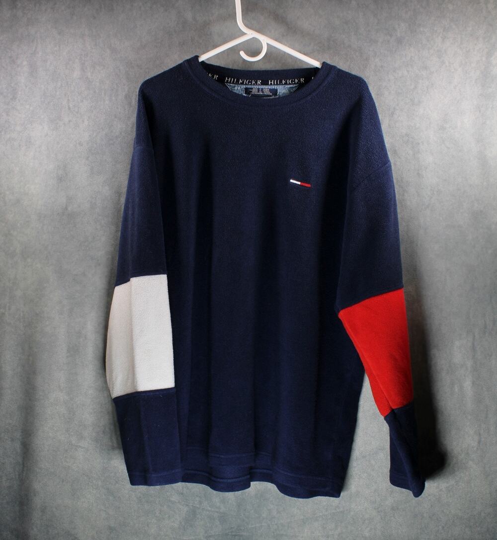 Vintage 90s Tommy Jeans Colorblock Fleece Sweatshirt Navy Blue XL